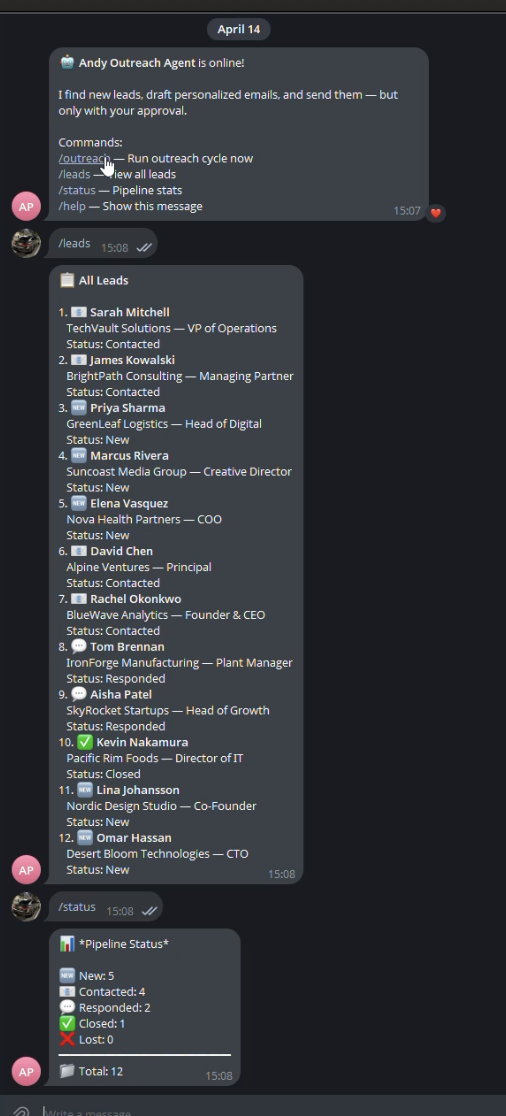 Andry Outreach Agent - live Telegram interface showing pipeline status and lead list